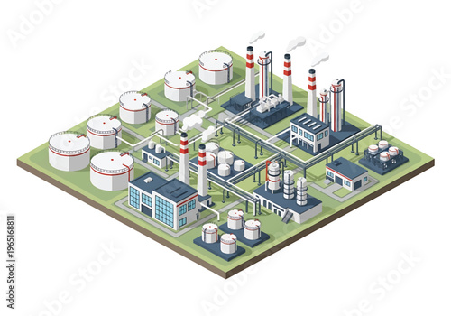 Isometric 3D view vector illustration of oil refinery complex with storage tanks, pipelines and chimneys in organized industrial zone, energy and petrochemical industry concept