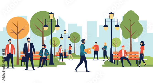 People walking and relaxing in a modern urban park with green trees, benches, street lamps, and city buildings background.