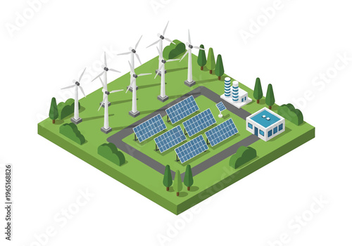 Isometric 3D view vector illustration of renewable energy industrial plant with wind turbines, solar panels and control building in eco friendly power generation facility