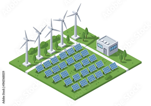 Isometric 3D view vector illustration of renewable energy industrial plant with wind turbines, solar panels and control building in eco friendly power generation facility