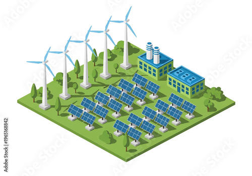 Isometric 3D view vector illustration of renewable energy industrial plant with wind turbines, solar panels and control building in eco friendly power generation facility