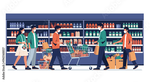 People wearing face masks while shopping for groceries in a supermarket with shelves full of products and shopping carts.