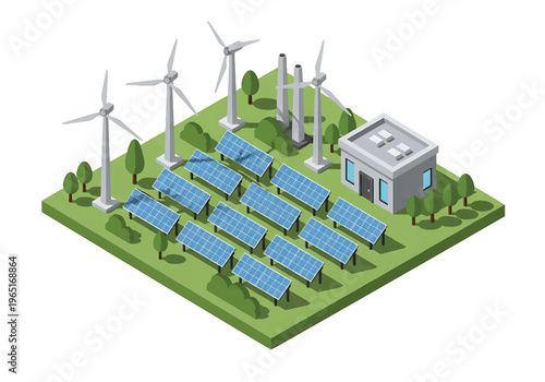 Isometric 3D view vector illustration of renewable energy industrial plant with wind turbines, solar panels and control building in eco friendly power generation facility