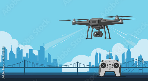 Modern drone flying over a city skyline with a remote controller in the foreground on a bright blue sky background.