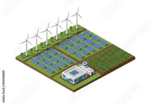 Isometric 3D view vector illustration of renewable energy industrial plant with wind turbines, solar panels and control building in eco friendly power generation facility
