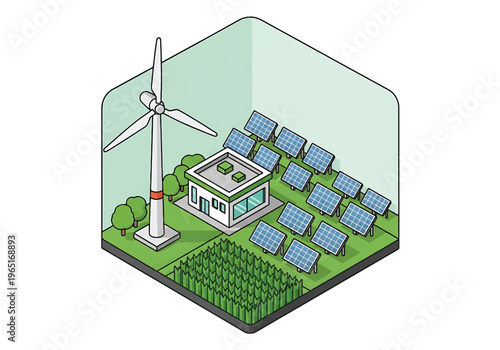 Isometric 3D view vector illustration of renewable energy industrial plant with wind turbines, solar panels and control building in eco friendly power generation facility