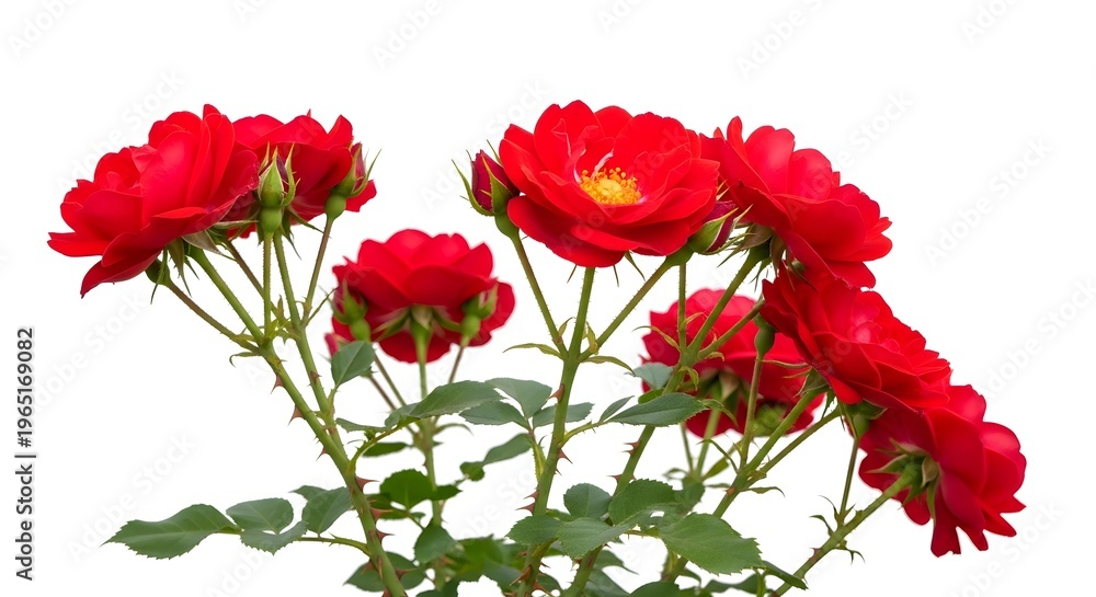 Obraz premium A bouquet of vibrant red roses with lush green leaves on a white background