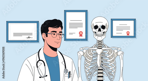 Professional male doctor in a white coat standing next to a human skeleton in a medical office with frames on the wall.