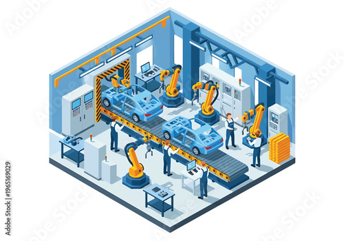 Isometric 3D view vector illustration of automotive manufacturing factory with car chassis on conveyor, robotic welding arms and engineers supervising vehicle production line