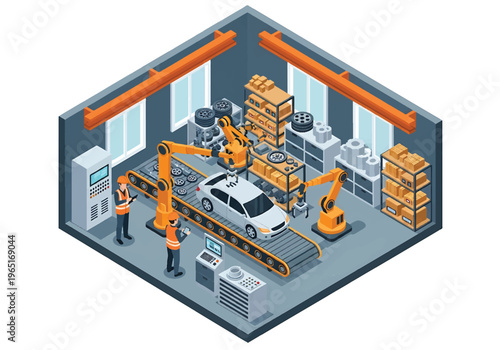 Isometric 3D view vector illustration of automotive manufacturing factory with car chassis on conveyor, robotic welding arms and engineers supervising vehicle production line