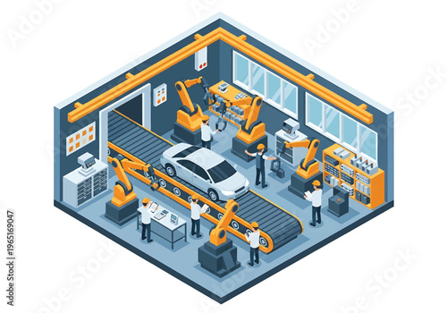Isometric 3D view vector illustration of automotive manufacturing factory with car chassis on conveyor, robotic welding arms and engineers supervising vehicle production line