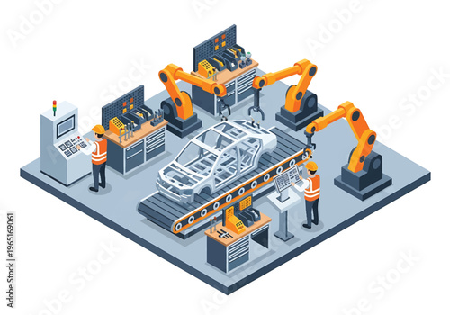 Isometric 3D view vector illustration of automotive manufacturing factory with car chassis on conveyor, robotic welding arms and engineers supervising vehicle production line