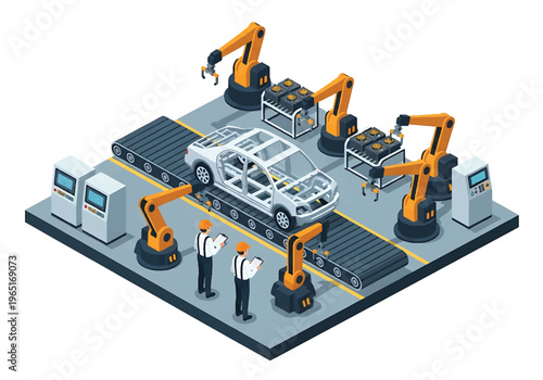 Isometric 3D view vector illustration of automotive manufacturing factory with car chassis on conveyor, robotic welding arms and engineers supervising vehicle production line
