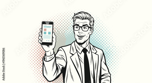 Retro pop art illustration of a smiling man in a suit holding up a modern smartphone showing a colorful mobile app interface.