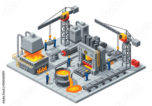 Isometric 3D view vector illustration of steel manufacturing plant with furnace, cranes and heavy machinery in organized metal production industrial facility