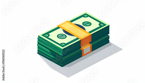 Stack of five dollar bills tied with yellow band in cartoon style isometric view