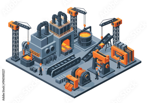 Isometric 3D view vector illustration of steel manufacturing plant with furnace, cranes and heavy machinery in organized metal production industrial facility