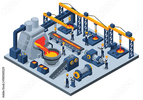 Isometric 3D view vector illustration of steel manufacturing plant with furnace, cranes and heavy machinery in organized metal production industrial facility