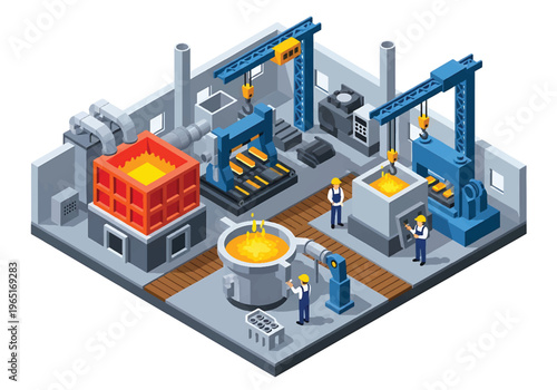 Isometric 3D view vector illustration of steel manufacturing plant with furnace, cranes and heavy machinery in organized metal production industrial facility