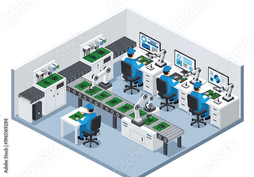 Isometric 3D view vector illustration of electronics factory with circuit board assembly line, testing stations and workers in high tech production environment