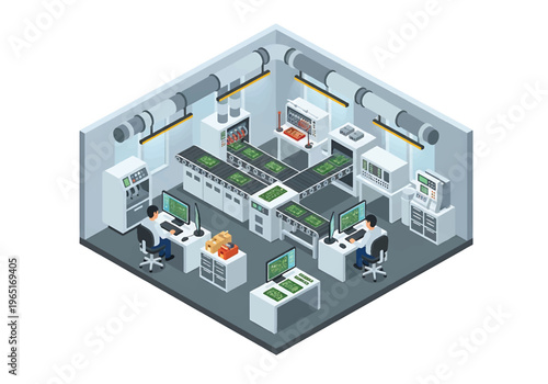 Isometric 3D view vector illustration of electronics factory with circuit board assembly line, testing stations and workers in high tech production environment