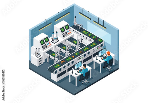 Isometric 3D view vector illustration of electronics factory with circuit board assembly line, testing stations and workers in high tech production environment