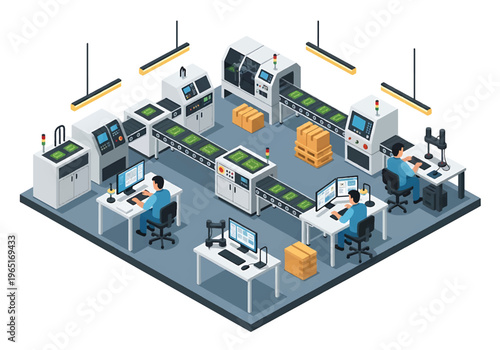 Isometric 3D view vector illustration of electronics factory with circuit board assembly line, testing stations and workers in high tech production environment