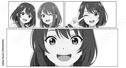 Black and white manga style panel featuring close-ups of smiling anime girls with expressive eyes and detailed hair.