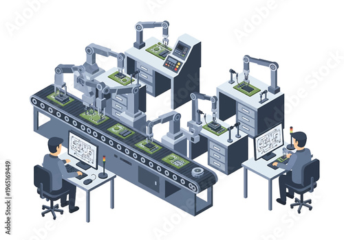 Isometric 3D view vector illustration of electronics factory with circuit board assembly line, testing stations and workers in high tech production environment