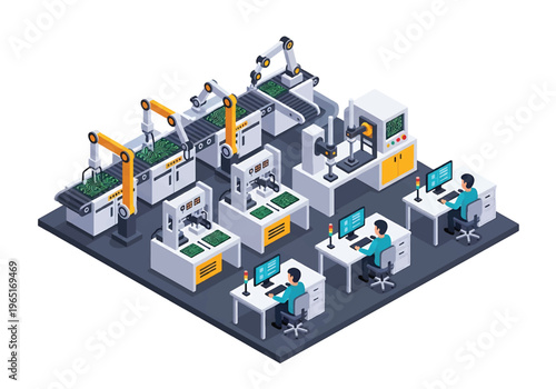 Isometric 3D view vector illustration of electronics factory with circuit board assembly line, testing stations and workers in high tech production environment