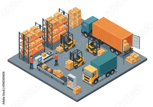 Isometric 3D view vector illustration of logistics warehouse with high storage racks, forklifts and workers handling pallet shipments in distribution center