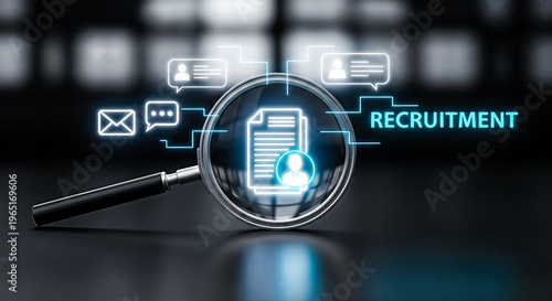 Magnifying glass focusing glowing blue digital recruitment document user profile icon dark background human resources job search candidate hiring concept