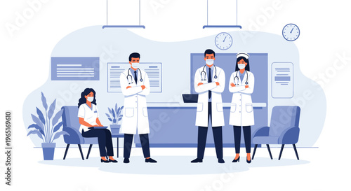 Medical team of doctors and nurses wearing protective face masks and standing in a hospital lobby with a reception desk.