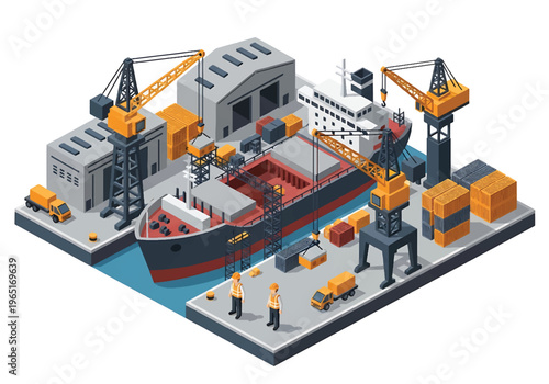 Isometric 3D view vector illustration of shipyard with cargo ship under construction, cranes and dock workers in organized maritime industrial port facility