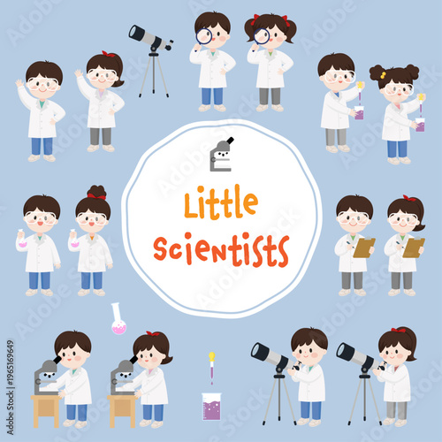 Cute Kids Science Lab Activities Vector Illustration Set elecmetary school science class