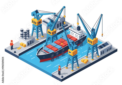 Isometric 3D view vector illustration of shipyard with cargo ship under construction, cranes and dock workers in organized maritime industrial port facility