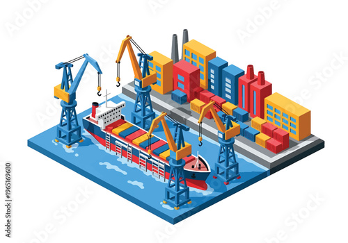 Isometric 3D view vector illustration of shipyard with cargo ship under construction, cranes and dock workers in organized maritime industrial port facility