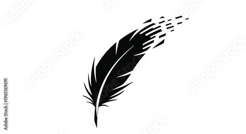 Black stylized feather appears to dissolve into small digital particles.