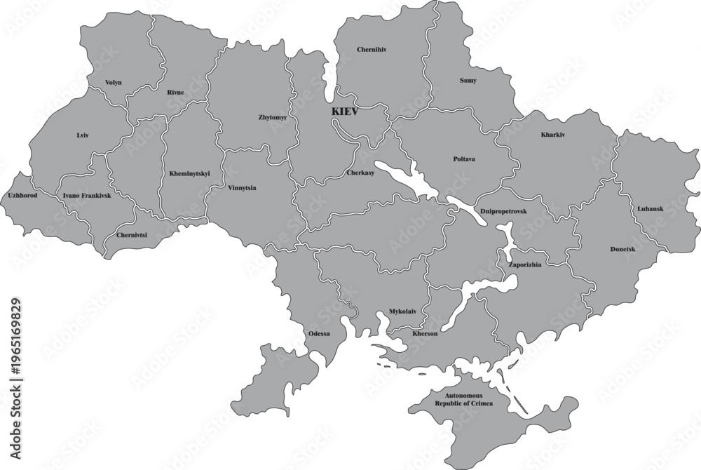 Fototapeta premium Detailed Map of Ukraine with Administrative Borders and Internal Region in Grey Layout