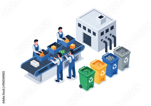 Isometric 3D view vector illustration of recycling plant with sorting conveyor, workers separating materials and organized environmental industrial facility