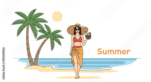 Woman in a bikini and sun hat holding a fresh coconut drink on a tropical beach with palm trees and ocean background.
