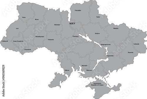 Detailed Map of Ukraine with Administrative Borders and Internal Region in Grey Layout