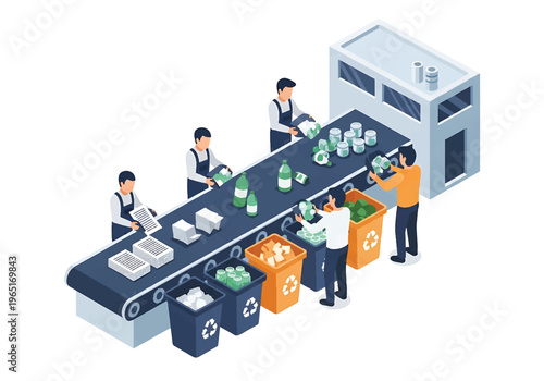 Isometric 3D view vector illustration of recycling plant with sorting conveyor, workers separating materials and organized environmental industrial facility