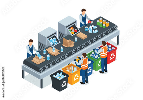 Isometric 3D view vector illustration of recycling plant with sorting conveyor, workers separating materials and organized environmental industrial facility