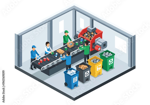 Isometric 3D view vector illustration of recycling plant with sorting conveyor, workers separating materials and organized environmental industrial facility