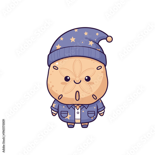 Cute cartoon sand dollar character wearing pajamas and sleep cap.