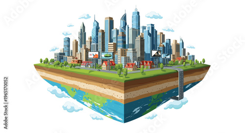 Three dimensional isometric city block with skyscrapers, houses, and green parks floating above a section of the earth.