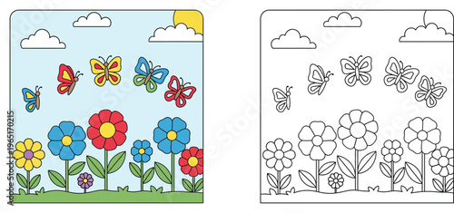 Colorful Butterflies Flying Over Garden Flowers Coloring Page for Kids - Educational Activity Vector Illustration Set with Line Art Outline and Color Version for Children Book