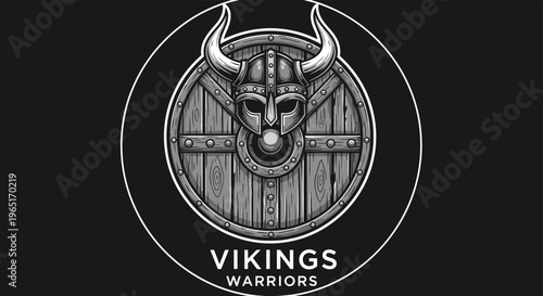 Powerful viking warrior logo design featuring a horned helmet mounted on a round wooden shield with a dark background.