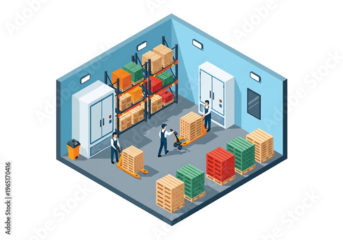 Isometric 3D view vector illustration of cold storage warehouse with refrigerated rooms, stacked food pallets and workers handling logistics operations